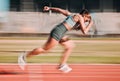 Action, race and athlete running sprint in competition for fitness game and training for energy wellness on a track Royalty Free Stock Photo