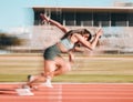 Action, race and women athlete running a sprint in competition or fitness game training as energy wellness on track Royalty Free Stock Photo