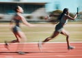 Action, race and women running relay sprint in competition for fitness game and training, energy or wellness on a track Royalty Free Stock Photo