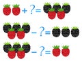 Action relationship of addition and subtraction, examples with berries. Educational games for children.