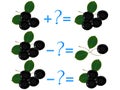 Action relationship of addition and subtraction, examples with black chokeberry. Educational games for children.