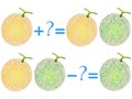 Action relationship of addition and subtraction, examples with cantaloupe melon. Educational games for children.