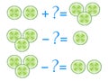 Action relationship of addition and subtraction, examples with slices of cucumber. Educational games for children.