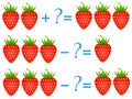 Action relationship of addition and subtraction, examples with of a strawberry. Educational games for children.