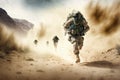 Action, running. Military soldiers are together. Realism style detailed picture of human. Generative AI Royalty Free Stock Photo