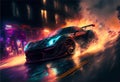 Action scene of a black sport car drifting in the city at night