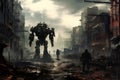 Action scene of a sci-fi mech standing on the ruins of the city in an attacking pose with an assault gun. Apocalypse concept