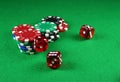 An Action shot of 5 dice thrown onto the table Royalty Free Stock Photo