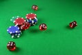 An Action shot of 5 dice thrown onto the table Royalty Free Stock Photo