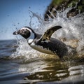 action shot of african penguin swimming