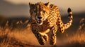 An action shot of a cheetah sprinting across the grasslands