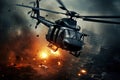 Action shot with helicopter hovering in the air over flame and explosions. Dynamic scene in action movie blockbuster