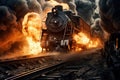 Action shot with man jumping off the train. Dynamic scene with railway carriage explosion in action movie blockbuster