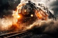 Action shot with man jumping off the train. Dynamic scene with railway carriage explosion in action movie blockbuster