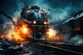 Action shot with man jumping off the train. Dynamic scene with railway carriage explosion in action movie blockbuster