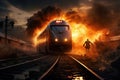 Action shot with man jumping off the train. Dynamic scene with railway carriage explosion in action movie blockbuster