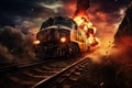 Action shot with man jumping off the train. Dynamic scene with railway carriage explosion in action movie blockbuster