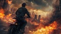 Action shot with man riding away from explosion on bike. Dynamic scene with fire in action movie blockbuster style