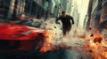 Action shot with man running away. Dynamic scene with car in action movie blockbuster style