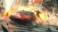 Action shot with man running away. Dynamic scene with car in action movie blockbuster style.