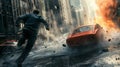 Action shot with man running away. Dynamic scene with car in action movie blockbuster style.