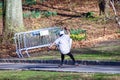 Action shot of a skateboarder skating on the road through Central Park. Free riding skateboard