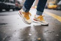 action shot of sneakers midstride on pavement Royalty Free Stock Photo