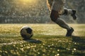 Action shot of a soccer player kicking the ball, water droplets in the air, backlit by sunlight Royalty Free Stock Photo