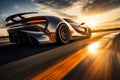 An action shot of a sports car speeding down a track, with abstract shapes and lines in the backgr