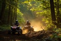 action shot of two atvs racing on a forest track Royalty Free Stock Photo