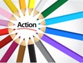 Action sign around pencil colors illustration