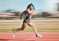 Action, speed and woman athlete running relay sprint in competition for fitness game and training for energy wellness on Royalty Free Stock Photo