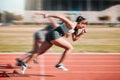 Action, speed and women athlete running sprint in competition for fitness game and training for energy wellness on a Royalty Free Stock Photo