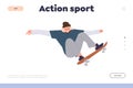 Action sport landing page design template with teenager hipster guy character skateboarding