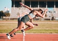 Action, sports and athlete running sprint in competition or fitness game or training for energy wellness on track. Race Royalty Free Stock Photo