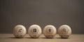 Action strategy plan icons on a wooden ball. Management concepts marketing. The process of planning product production is a step