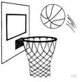 Action vector illustration of basketball going into a hoop. Backboard, hoop, ring, net, kit. Hand drawn sketch. Black on Royalty Free Stock Photo