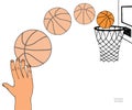 Action vector path illustration of basket ball going into a hoop. Hand, backboard, hoop, ring, net, kit. Hand drawn