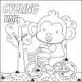 Cute little lion riding bicycle. Trendy children graphic with line art design hand drawing sketch vector