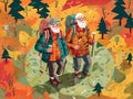 hiking active happy senior grandfather elderly old walking couple trekking. Generative AI.