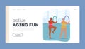 Active Aging Fun Landing Page Template. Senior Female Characters Exercise in Pool with Noodles Training Muscle Strength