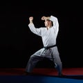 Active athlete performs formal karate exercises on red and blue tatami