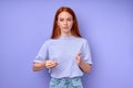 active beautiful ginger deaf woman learning sign language Royalty Free Stock Photo