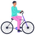 Active bike riding, man riding bicycle. Linear male on bike, young cyclist ride bicycle flat vector illustration on white