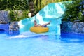 Active boy enjoying water slide in aquapark Royalty Free Stock Photo