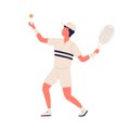 Active cartoon man in sportswear tossing up ball and hitting racket vector flat illustration. Colorful male sportsman