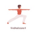 Active cartoon woman practicing virabhadrasana II position isolated on white. Yogi female exercising Hatha yoga Warrior