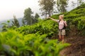 Active caucasian blonde woman enjoing fresh air and pristine nature while tracking among tea plantaitons near Ella, Sri