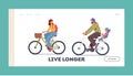 Active Characters Enjoying Healthy Lifestyle Landing Page Template. Young Man and Woman with Baby Riding Bikes