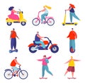 Active characters on skateboard and scooter and bicycle. Young people on different vehicles as hoverboard